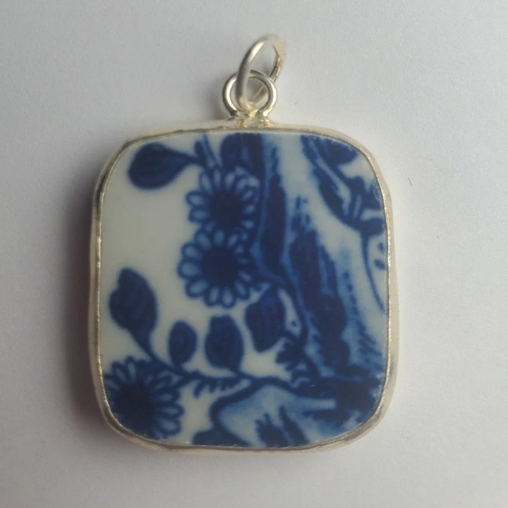 Blue Willow Sunflowers Vintage Broken China Pottery Shard Pendant Square Jewelry